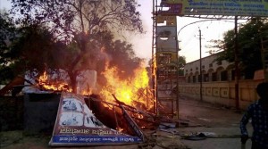 Mathura: A fire break out after clashes between the police and the encroachers who were being evicted from Jawaharbagh in Mathura on Thursday. PTI Photo  (PTI6_2_2016_000256B)